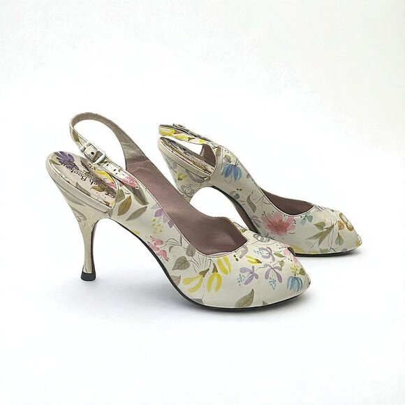 Vintage French Bootery 1950s Floral Leather Peep Toe Slingback Heels –Size 8.5B - Picture 6 of 15